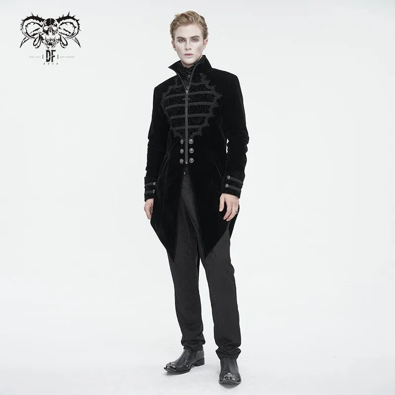 Men's Gothic Stand Collar Lace Splice Swallow-tailed Coat Black