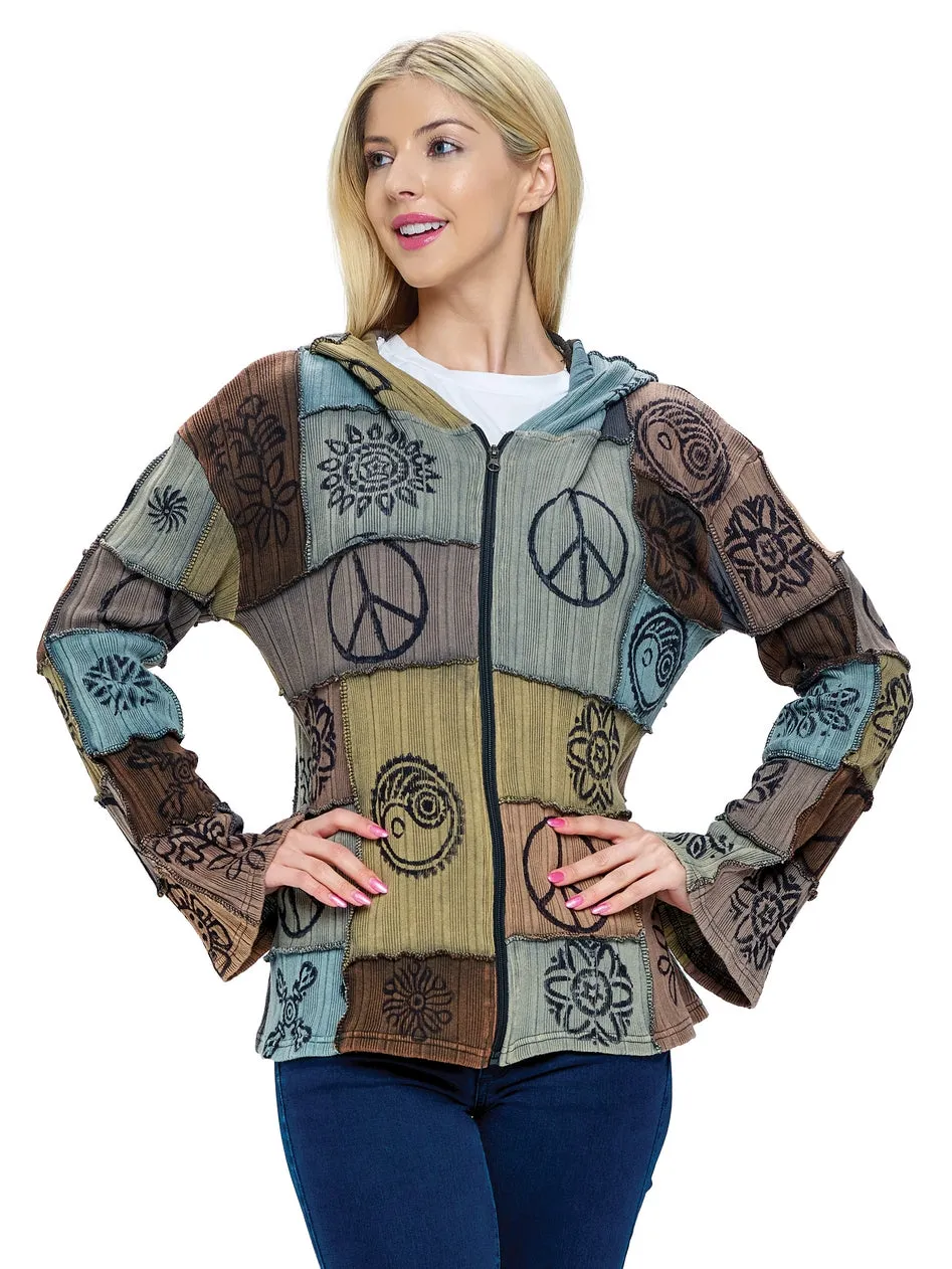 Patchwork & Block Printed Hoodie ~ Grays & Browns