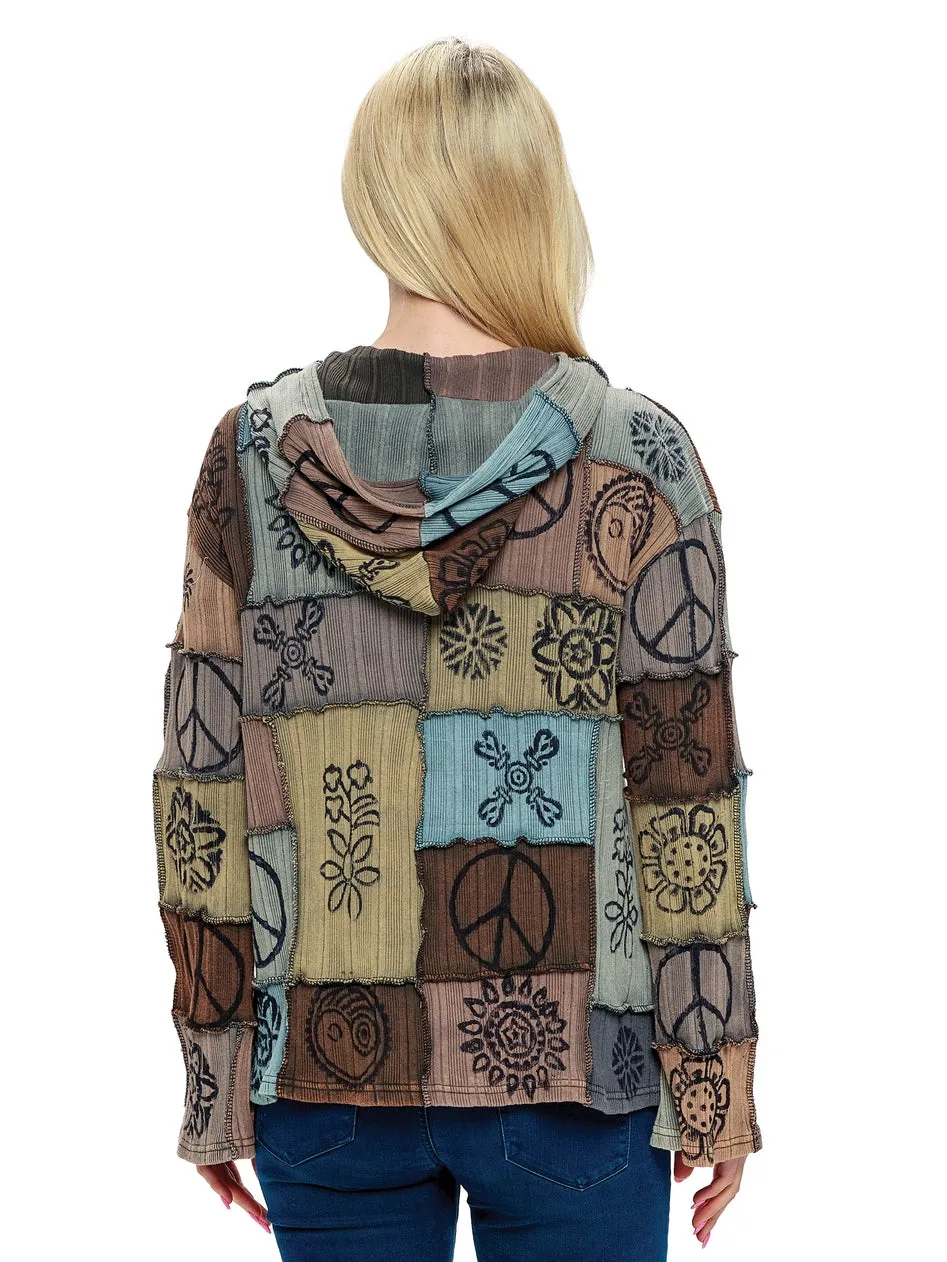 Patchwork & Block Printed Hoodie ~ Grays & Browns