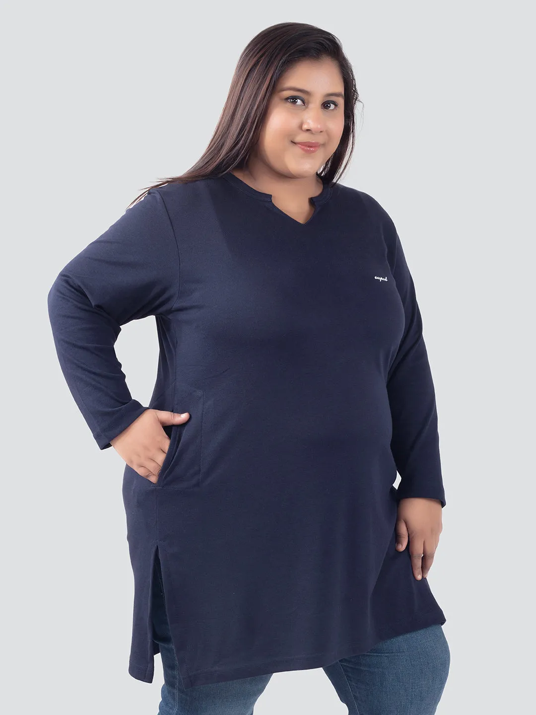 Plus Size Full Sleeves Long Top For Women - Navy Blue