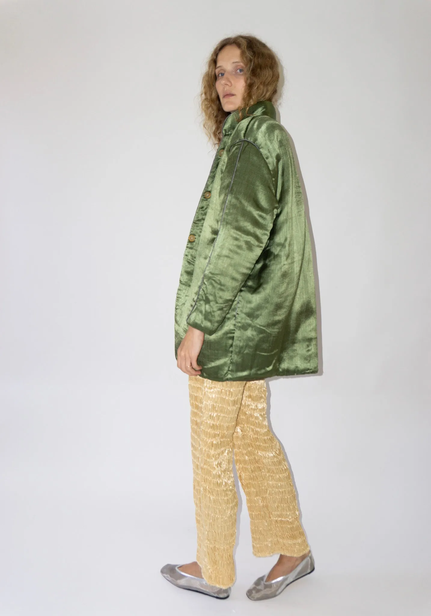 Puffy Silk Mid Coat in Olive Grey