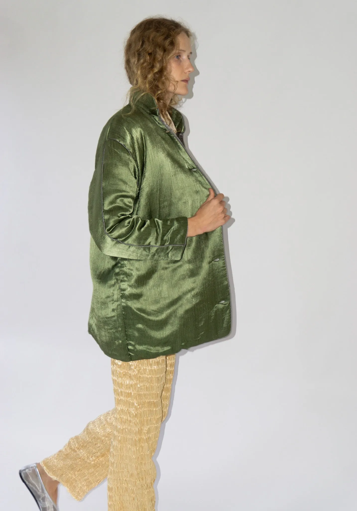 Puffy Silk Mid Coat in Olive Grey