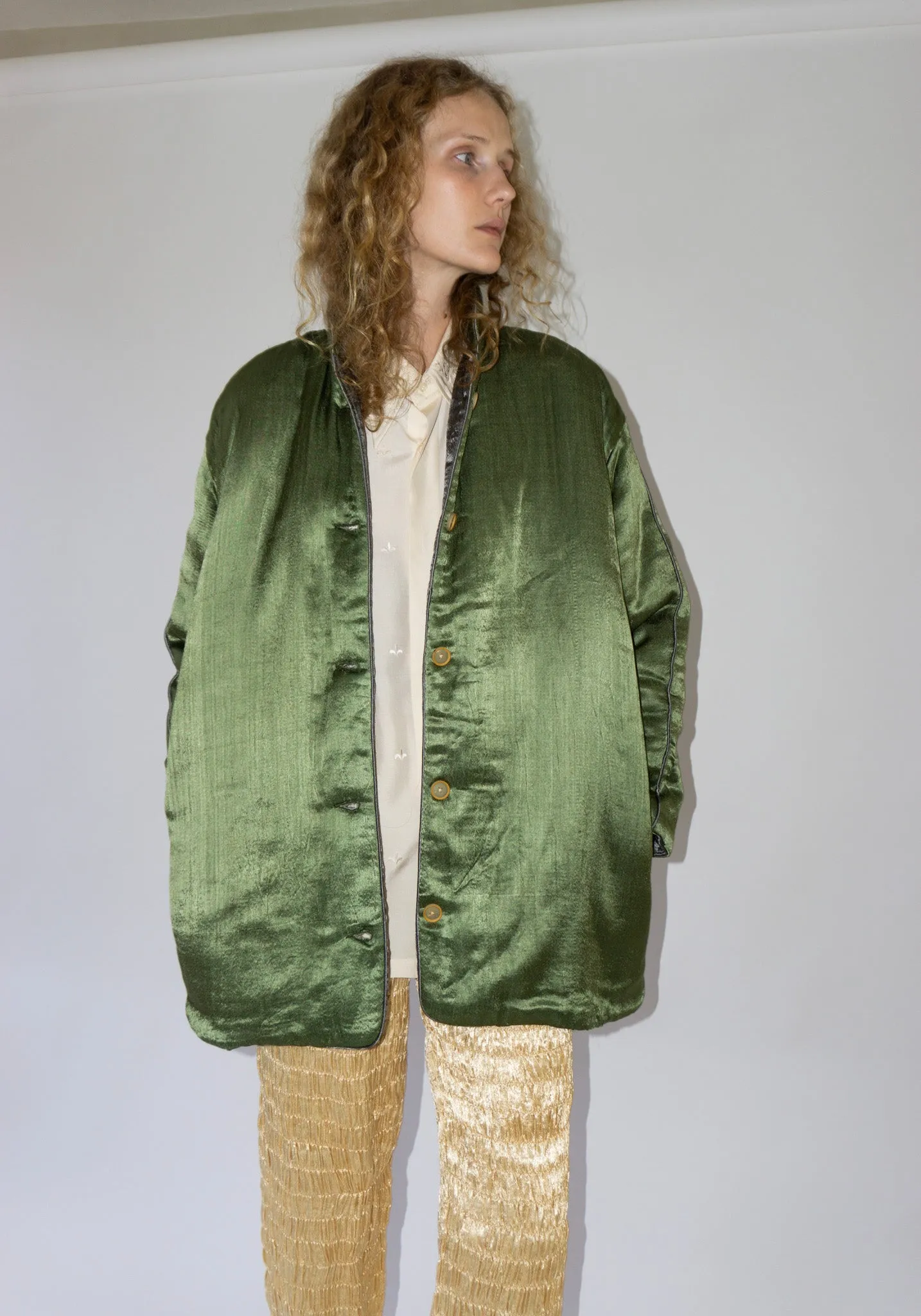 Puffy Silk Mid Coat in Olive Grey