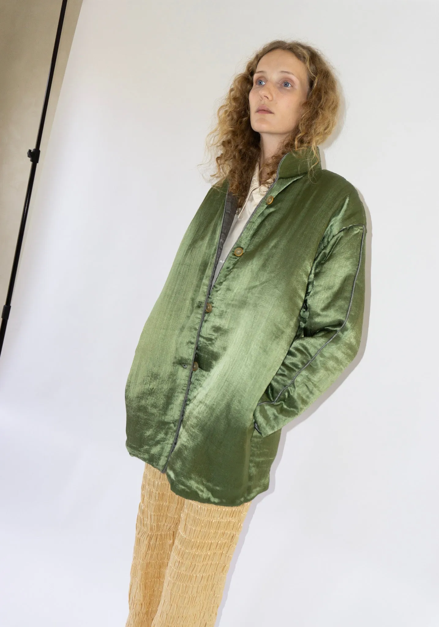 Puffy Silk Mid Coat in Olive Grey