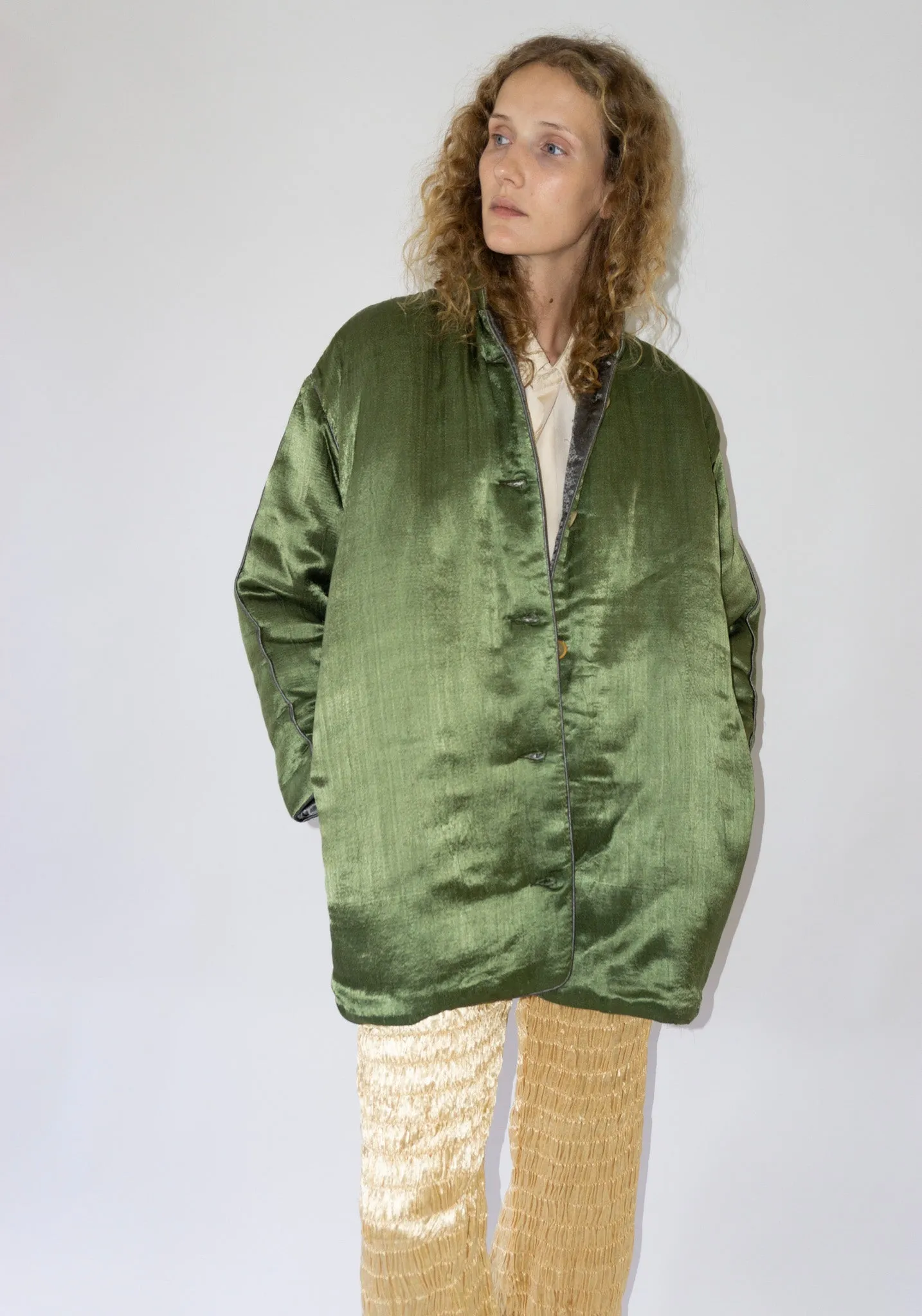 Puffy Silk Mid Coat in Olive Grey