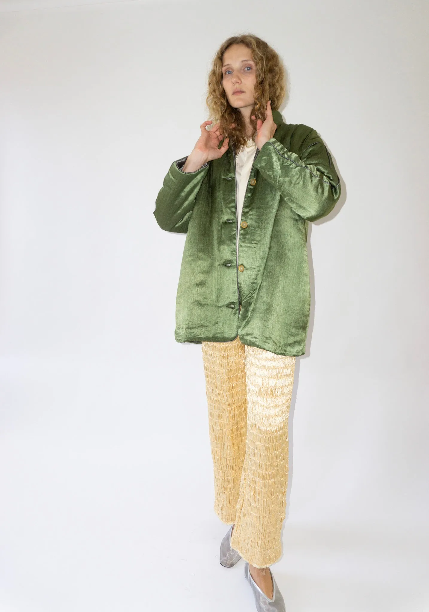 Puffy Silk Mid Coat in Olive Grey