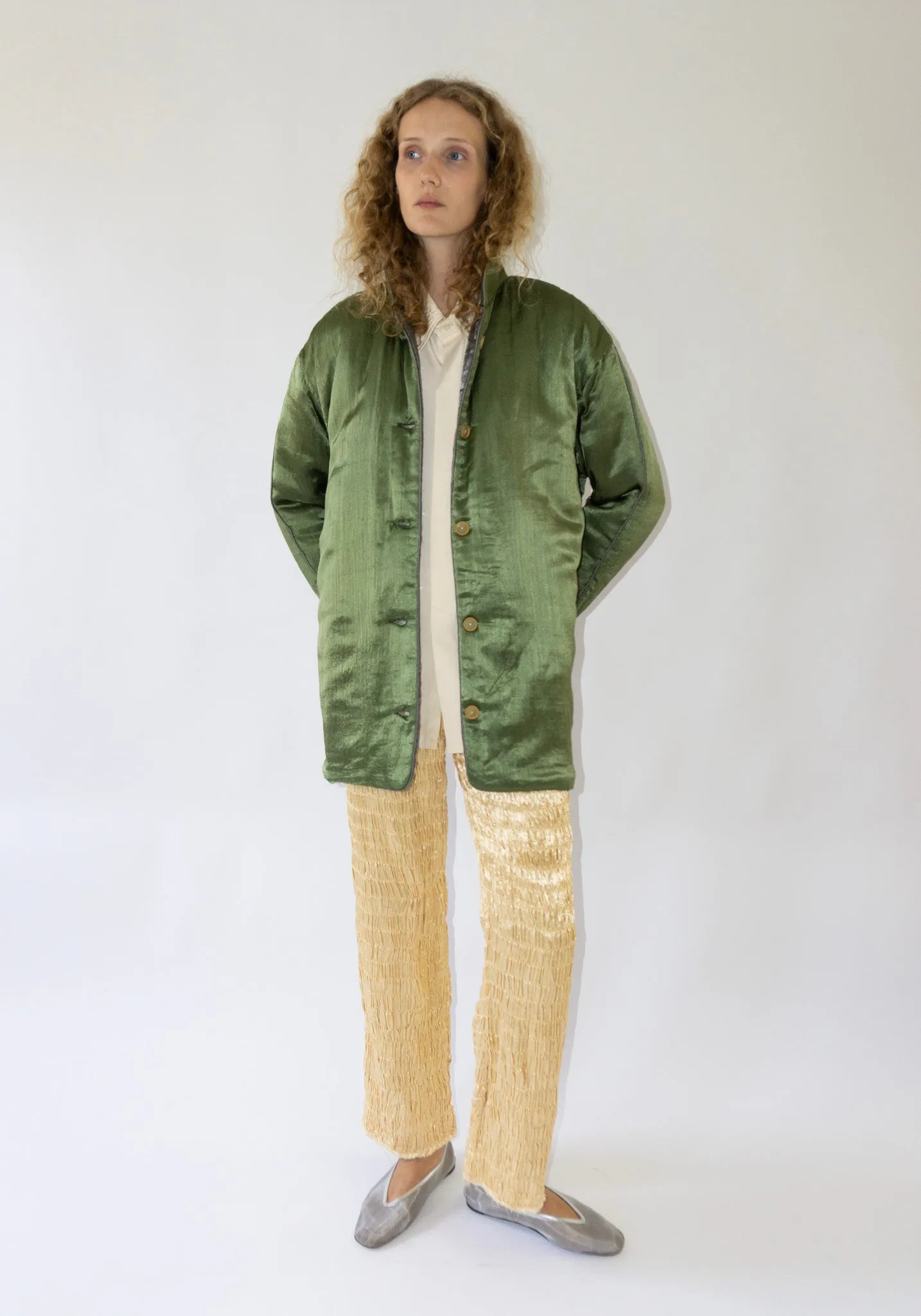 Puffy Silk Mid Coat in Olive Grey