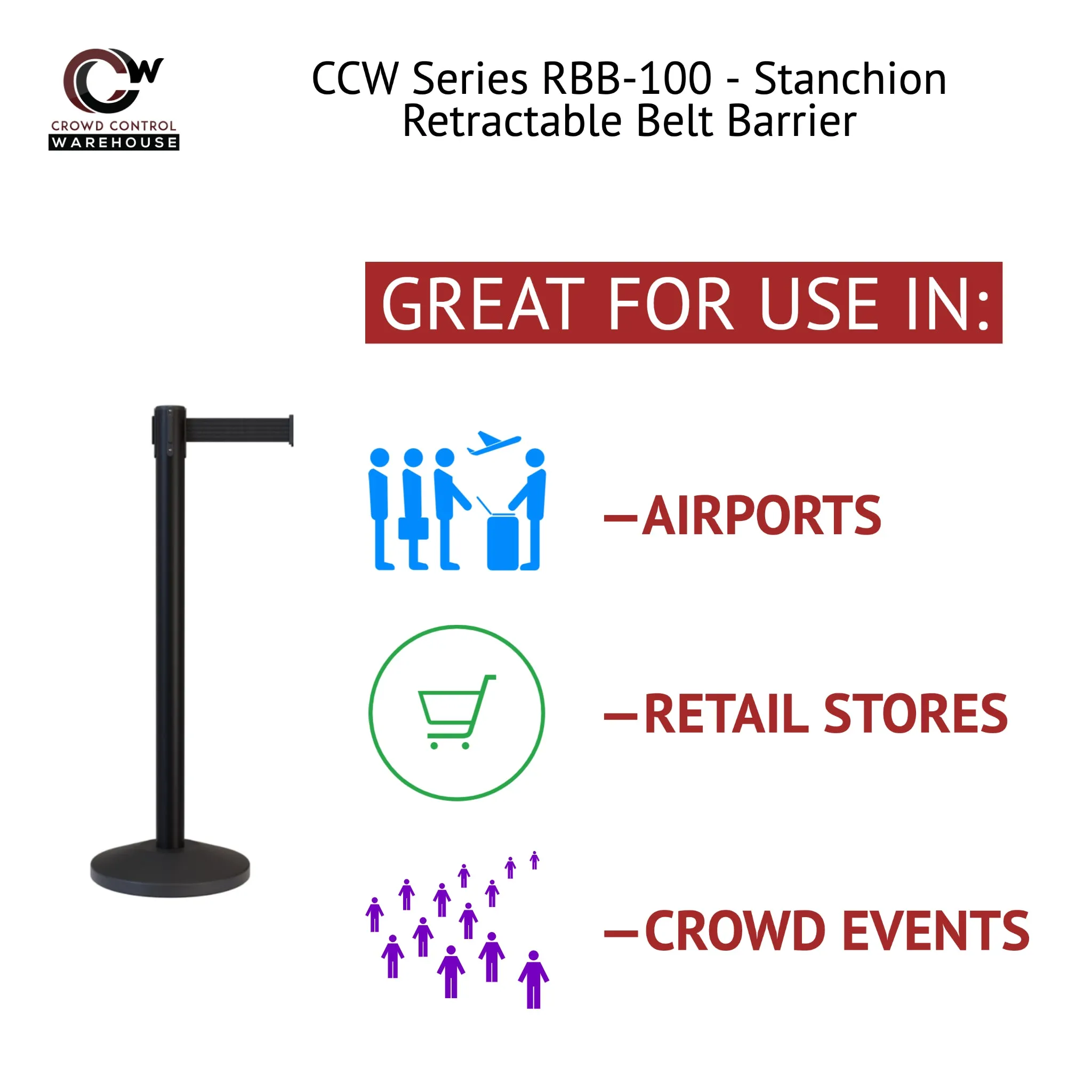 Retractable Belt Barrier Stanchion, Black Post, 11 Ft. Belt - CCW Series RBB-100