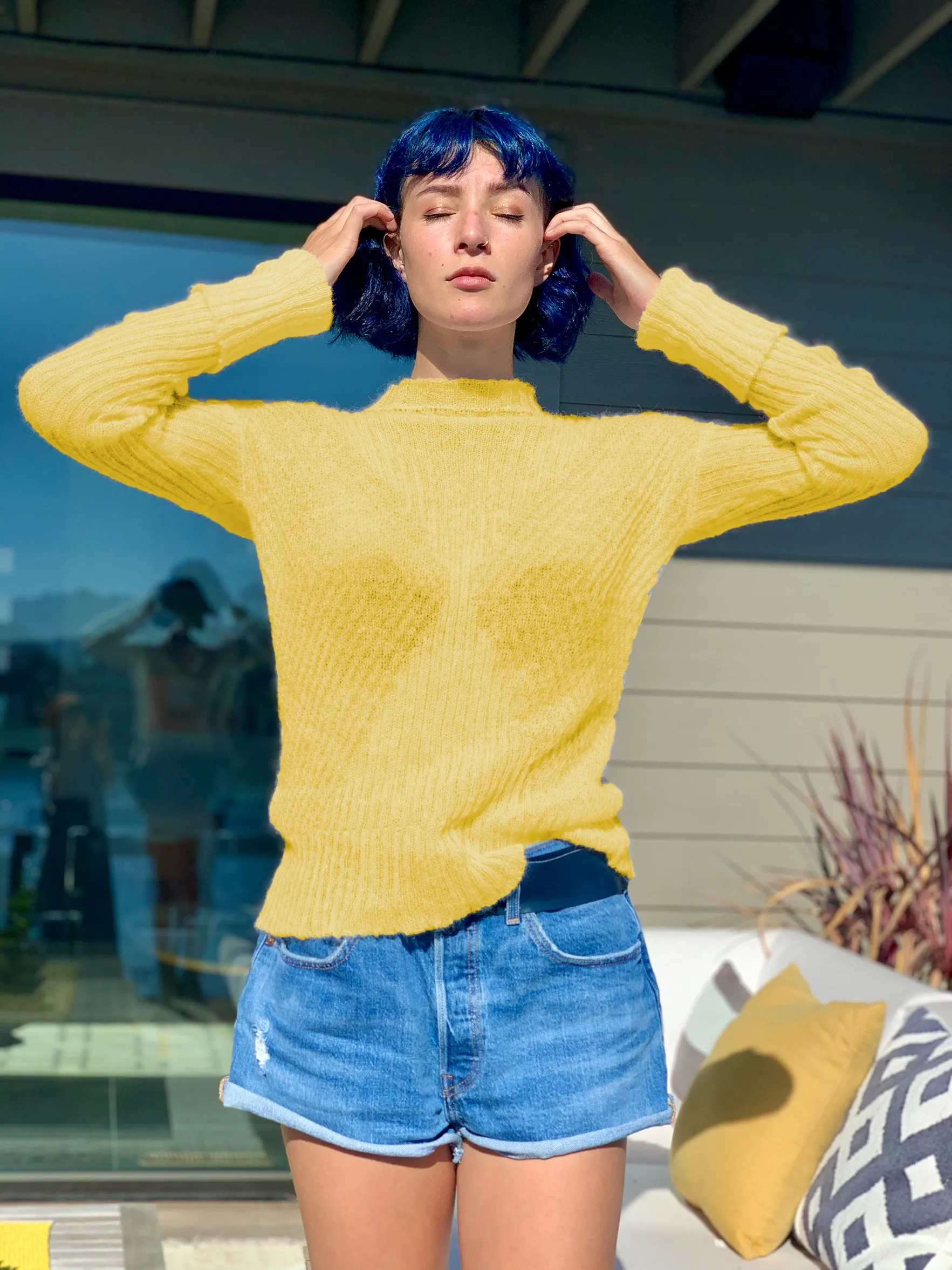 Sheer Bias Design Cashmere Rib Sweater - Yellow