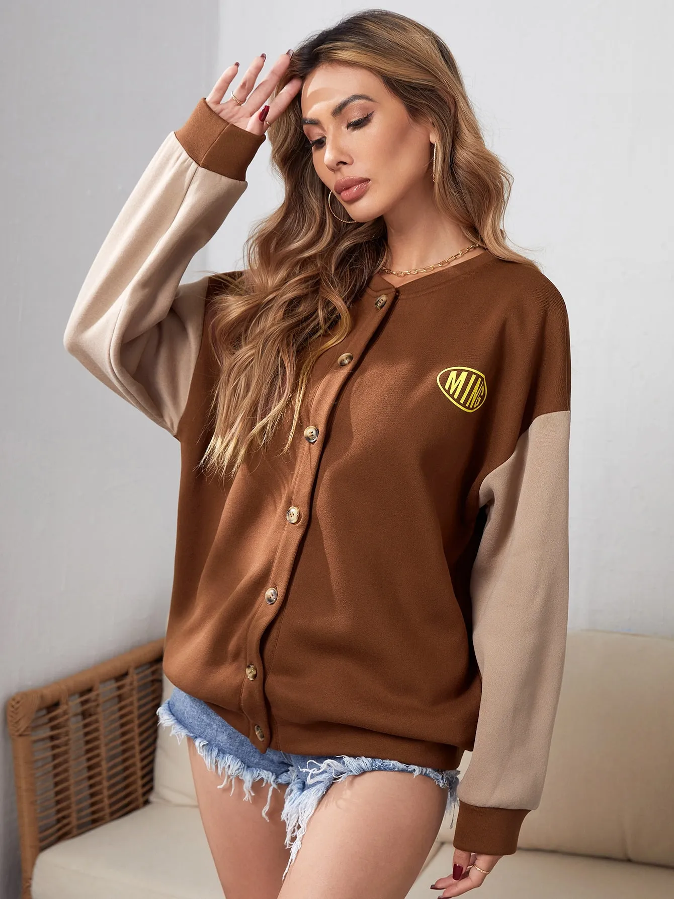 SHEIN MOOSTA Letter Graphic Colorblock Drop Shoulder Button Front Jacket