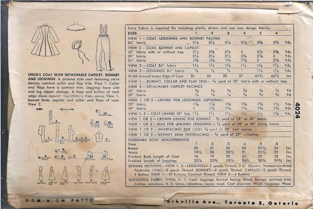Simplicity 4024 Little Girls Princess Coat Leggings Bonnet Vintage Sewing Pattern 1950s